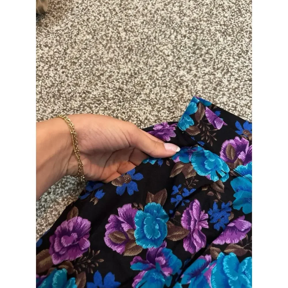 Vintage Dark Floral Midi Skirt M Black Purple Witchy Cottagecore 90s Soft Goth